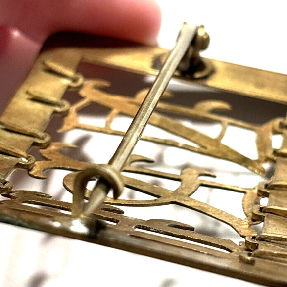 Antique Victorian Brooch Scarf Pin Monogram Insignia Goldtone Brass? Rectangle - Picture 5 of 10